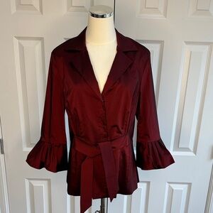 Adrianna Papell Shimmering Burgundy Ruffle Bell Sleeves Tie Waist Blause Size 14